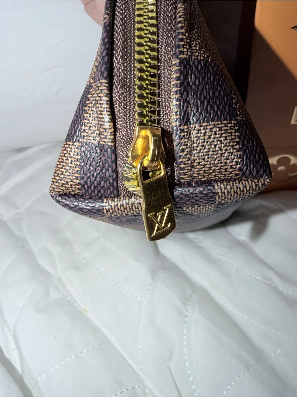 Designer-Inspired Brown Check Cosmetic Pouch with Gold Zipper